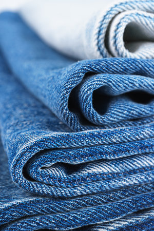 Pile of folded textiles, various shades of blue jeans fabric, denim cloth, are stacked on top of each other in store setting, showing different textures and patterns. Textured background, backdropの写真素材