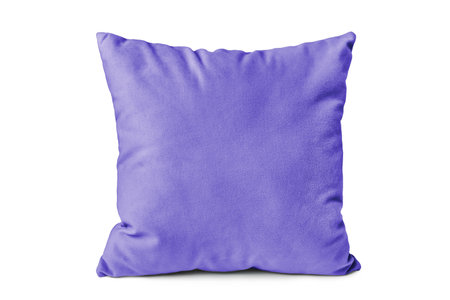 Decorative purple velvet rectangular pillow for sleeping and resting isolated on white background. Cushion for home interior decor, pillowcase mockup, template for design.の写真素材