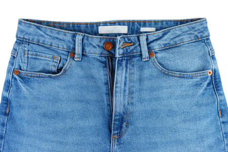 Front side of blue jeans pants. Design details, metal button, waistband, pocket and small pocket close up, macro. Wallpaper, background. Fashion concept, casual wear, business, shopping, saleの写真素材