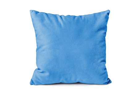 Decorative blue velvet rectangular pillow for sleeping and resting isolated on white background. Cushion for home interior decor, pillowcase mockup, template for design.の写真素材