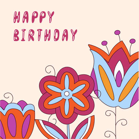 template with floral and abstract elements and hand written lettering happy birthday, vector illustration of flowers, leaves on background for design in romantic styleのイラスト素材