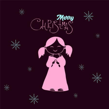 christmas greeting card template with praying angel, girl vector illustration with letteringのイラスト素材