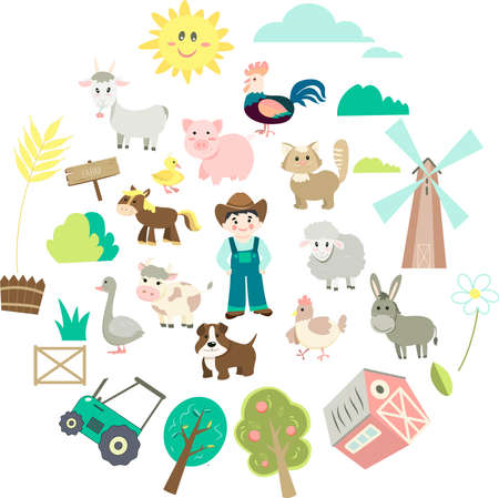 cute farm animal set in flat style on isolated background. Cartoon animals collection, farmer, barn, trees, tractor, mill, pointerのイラスト素材