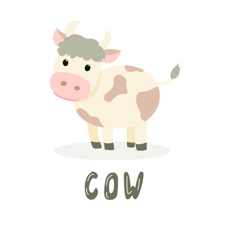 cartoon cow on isolated background, cute vector illustration in flat style + hand letteringのイラスト素材