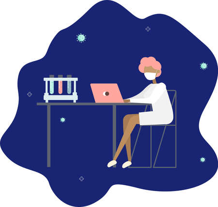 scientist at work at the notebook, woman in mask is developing a vaccine against coronavirus, vector illustration in flat styleのイラスト素材