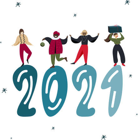 new year vector illustration, people dancing on the numbers 2021, a group of people celebrating christmasのイラスト素材