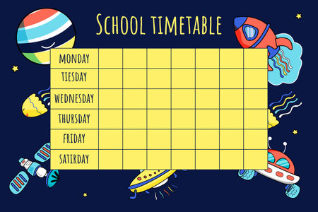 school timetable, weekly classes schedule on space background, cute vectors template comet,...
