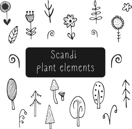 set of Scandinavian plant elements for seasonal decor, cute vector doodles - flowers, leaves, berries, trees, mushroomsのイラスト素材