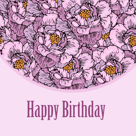 Happy Birthday greeting card template. Floral background of pink peonies with inscription. Suitable for the design in the romantic styleのイラスト素材