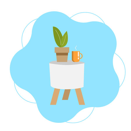 Cup and indoor flower in a pot on a bedside table, clipart on an isolated white backgroundのイラスト素材