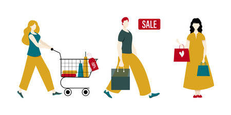 People come with bags from shops. Person shop at the mall. Vector set of women and men on an isolated background for design on a sale theme. Flat designのイラスト素材