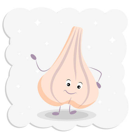 Cartoon garlic - vector cute character with face, arms and legs isolated on white background. Seasonal vegetables for kids designのイラスト素材