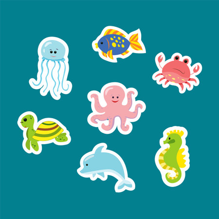 Set of stickers of sea animals in cartoon style. Cute marine mammals in a flat style. Collection of isolated vector icons - octopus, jellyfish, turtle, crab, fish, seahorse and dolphinのイラスト素材