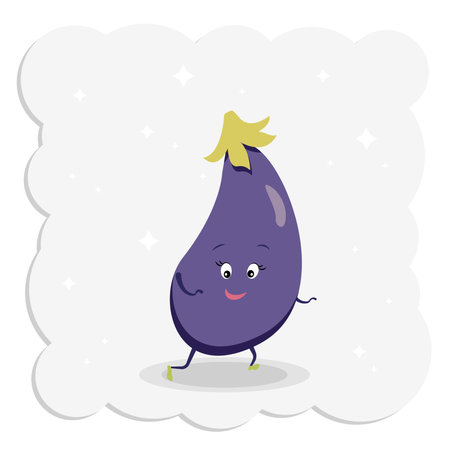 Kawaii eggplant n isolated background. Flat eggplant cartoon character waving on a pattern. Minimal purple vegetable fruit design for children books.のイラスト素材