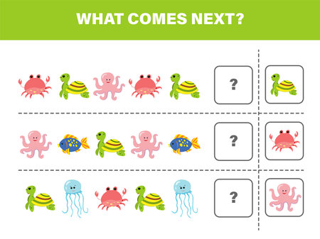 What comes next with cute marine animals-crab, turtle, octopus, fish and jellyfish. Cartoon vector illustration. Logical worksheet for kids.のイラスト素材