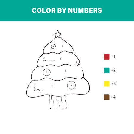 Color cute hand drawn Christmas tree by number. Educational math game for children. Coloring page.のイラスト素材