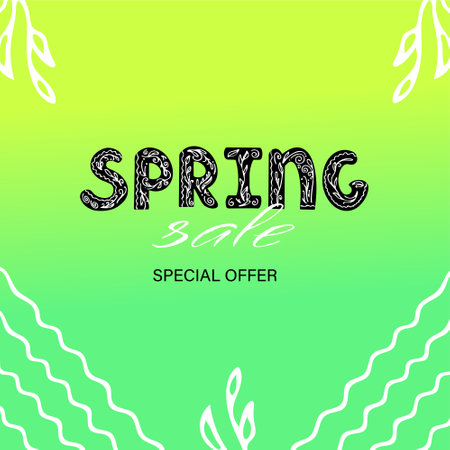 Spring sale banner. Lettering with floral pattern. Hand drawn vector illustrationのイラスト素材