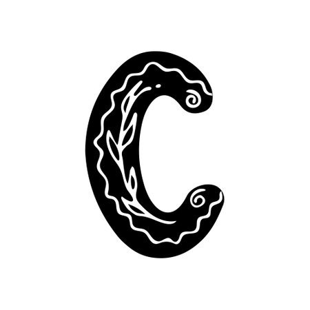 Monochrome letter C isolated on white background with floral pattern, vector hand drawn illustration for logo, postcard design, posters, banners, etcのイラスト素材