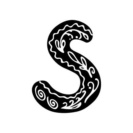 Monochrome letter S isolated on white background with floral pattern, vector hand drawn illustration for logo, postcard design, posters, banners, etcのイラスト素材