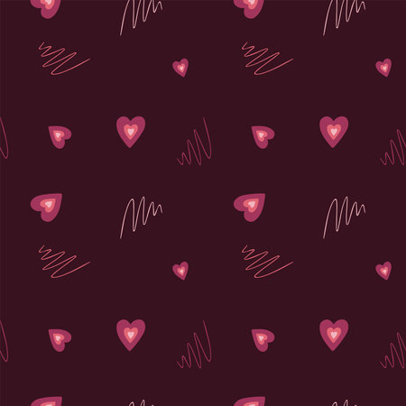 Seamless pattern with hearts and strokes, endless texture on a dark red background in a romantic...