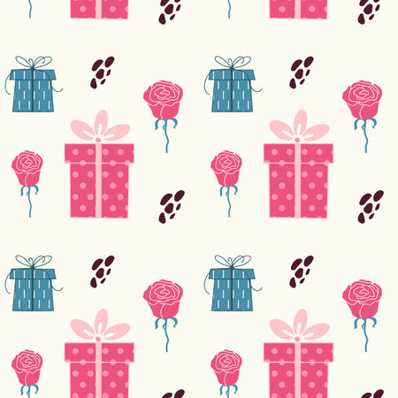 Seamless background with gift boxes, rose and abstract shapes. Vector graphicsのイラスト素材