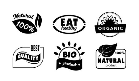Set of black and white eco labels. Organic food, vector illustration for food market, e-commerce, restaurant, healthy life and premium quality food and drink promotion.のイラスト素材