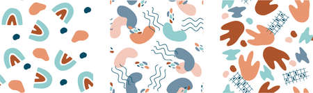 Set of three seamless patterns. Hand drawn various shapes, lines, dots and other design elements. Modern trendy vector illustration in pastel colorsのイラスト素材