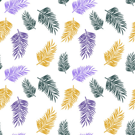 Seamless pattern with colorful floral elements, vector palm leaf in purple, dark green and gold colors, endless textureのイラスト素材