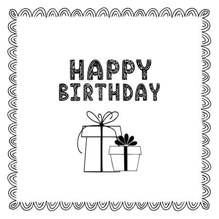 Hand drawn birthday greeting card with hand lettering, gifts and frame around. Black and white lettering with a floral pattern.のイラスト素材