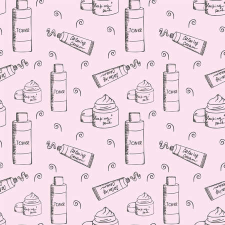 Seamless pattern with skin care cosmetic products. Cream, toner, mask - design elements for beauty. Vector monochrome hand-drawn illustration. Doodle styleのイラスト素材