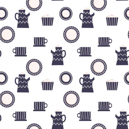 Seamless pattern with tableware. Teapot, milk jug, sugar bowl, cup, saucer, plate.のイラスト素材