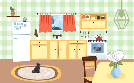 Kitchen interior with table, cupboards, dishes, oven, refrigerator, window, rug and black cat. Flat home art vector illustration. Indoor, kitchen appliances furniture, banner cooking cartoon style.のイラスト素材