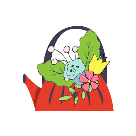 A teapot with a bunch of simple flowers. Vector illustration in cartoon style isolated on white background. Red kettle with flowers and leaves.のイラスト素材
