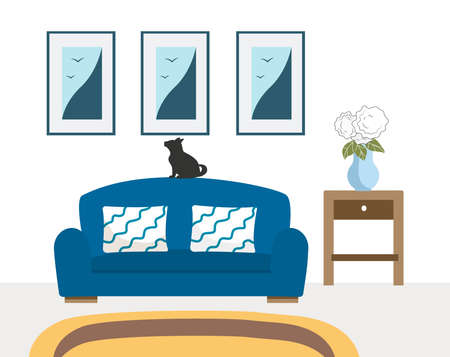 Part of the living room interior. A black cat sits on the couch and looks at the picture. In the home, there is a sofa, a curbstone, a vase of flowers and a carpet. Vector illustration in flat style.のイラスト素材