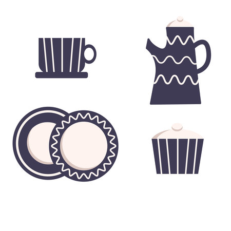 A set of kitchen utensils - a cup, saucer, plate, milk jug, sugar bowl. dark colored tableware with a pattern. Vector illustration in glossy style isolated on white backgroundのイラスト素材
