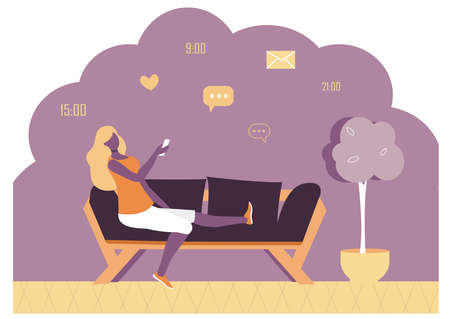Young woman sits with a phone on the sofa and takes messages, puts like, vector illustration in flat styleのイラスト素材