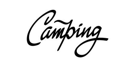 Lettering camping. Hand drawn black and white illustration isolated on white background.のイラスト素材