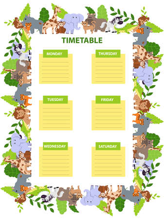 Kids school timetable template with wild animals. Elephant, lion, rhino, hippo, giraffe, jaguar, monkey, crocodile and tiger. Cartoon vector illustrationのイラスト素材