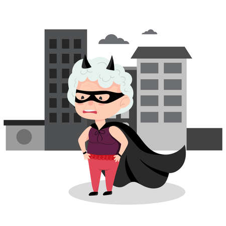 Grandma in a superhero costume. Active grandmother, funny character. Vector illustration in cartoon styleのイラスト素材