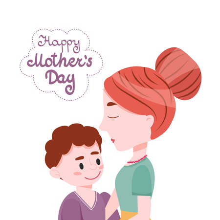 Mom With Little Son And Lettering Happy Mothers Day Cartoon Cute Vector Illustration.のイラスト素材