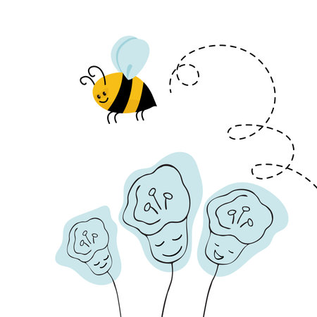 Cute bee with circles over the flower. Vector illustration of cartoon style.のイラスト素材