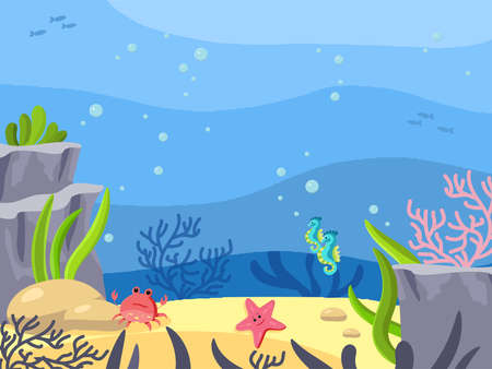 Seabed, underwater world. Background in cartoon style. Vector illustration. Ocean depthのイラスト素材