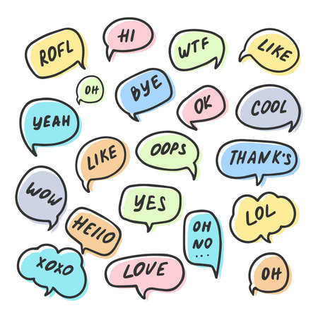 Chat bubble talk phrases. Communication tags. Cartoon speech bubbles with humor text. Hand-drawn...