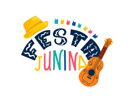 Festa Janina concept with lettering, straw hat and guitar. Multicolored lettering for the Brazilian national festivalのイラスト素材
