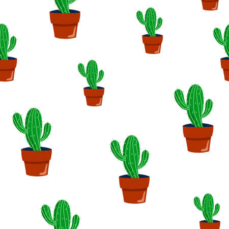 Seamless pattern with cactuses in pots. Bright vector illustration. Endless texture with succulentのイラスト素材