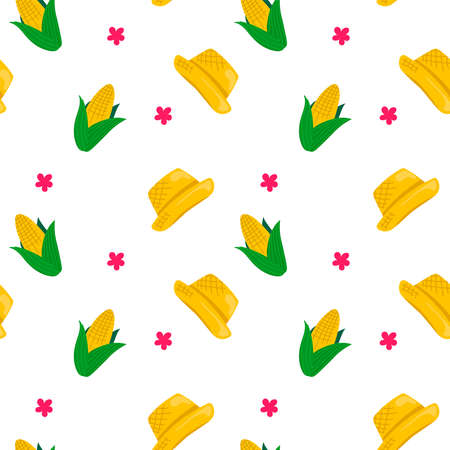 Festa Janina seamless pattern with corn and hat. Endless texture for the Brazilian national holiday. Vector illustrationのイラスト素材