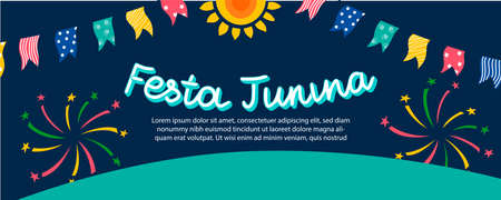 Festa Janina holiday banner with lettering, multicolored vector illustration for national brazilian festivalのイラスト素材