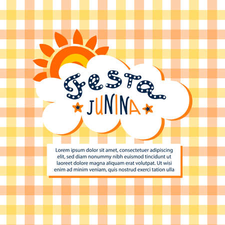 Festa Janina banner. Lettering inscription with decorative elements and the sun in the background. Vector illustration. National Brazilian Festival.のイラスト素材