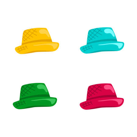 Set of multicolored straw hats isolated on a white background. Cartoon style, vector illustration.のイラスト素材