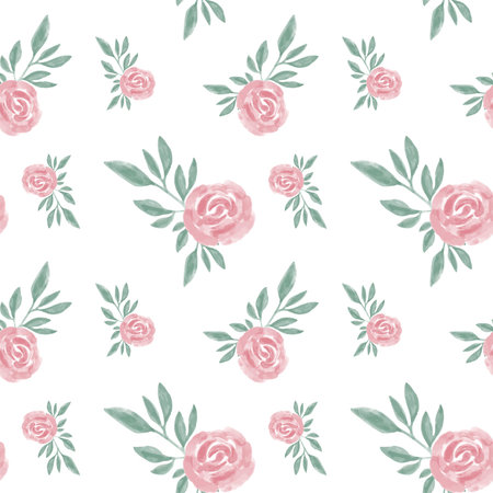 Watercolor flowers seamless pattern. Pink flowers and green leaves in pastel colors. Vector illustrationのイラスト素材
